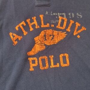 Ralph Lauren Navy Tee with Orange ATHL. DIV. Graphic